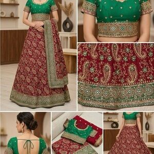 Stunning deep burgundy red and emerald green bridal/wedding lehenga for sale!